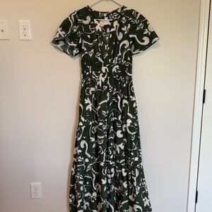Anthropologie The Somerset Maxi Dress Tiered Smocked Waist Green White Motif